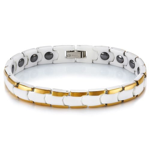 Pulsera De Magnetoterapia De Cerámica Blanca Con Bisel Dorado